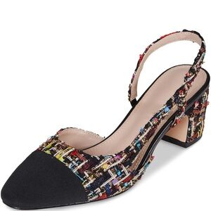 Trendy Black & Multi Metallic Tweed Two Tone Slingback Chunky Heels Mult. Sizes